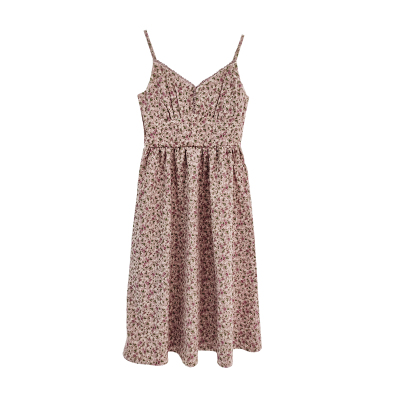 游小姿 【心动记号】温柔长裙子女秋冬V领收腰粉色碎花吊带连衣裙