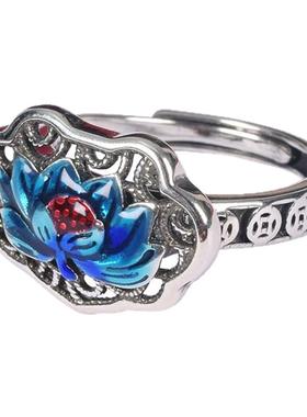 复古风镂空蓝莲花锁戒指珐琅烧蓝工艺时尚简约百搭食指活口可调节