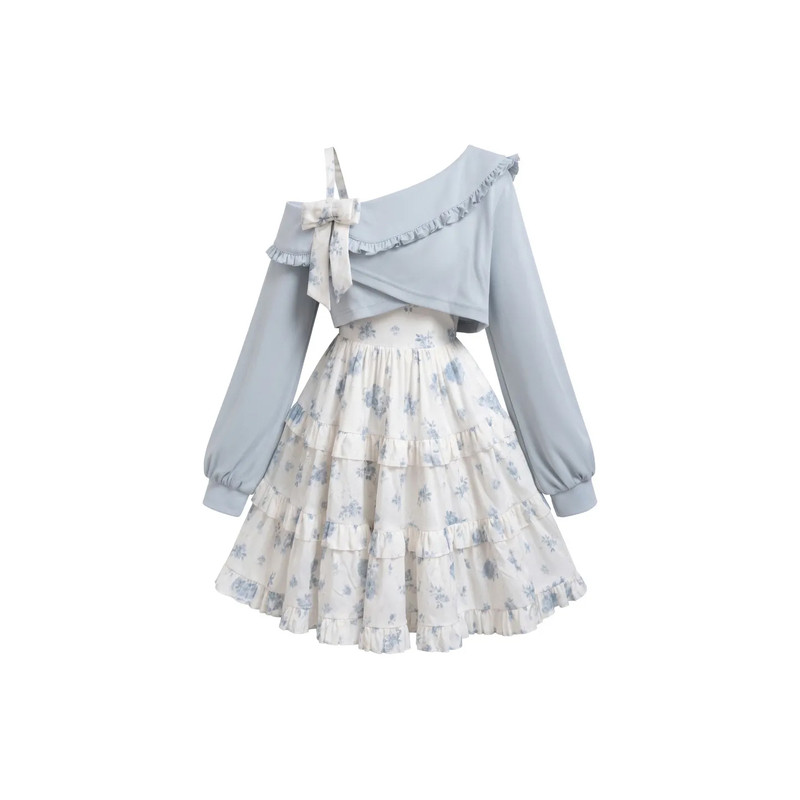 【新品】法国DUBNIITY官网甜美玫瑰斜肩两件套公主碎花裙连衣裙女