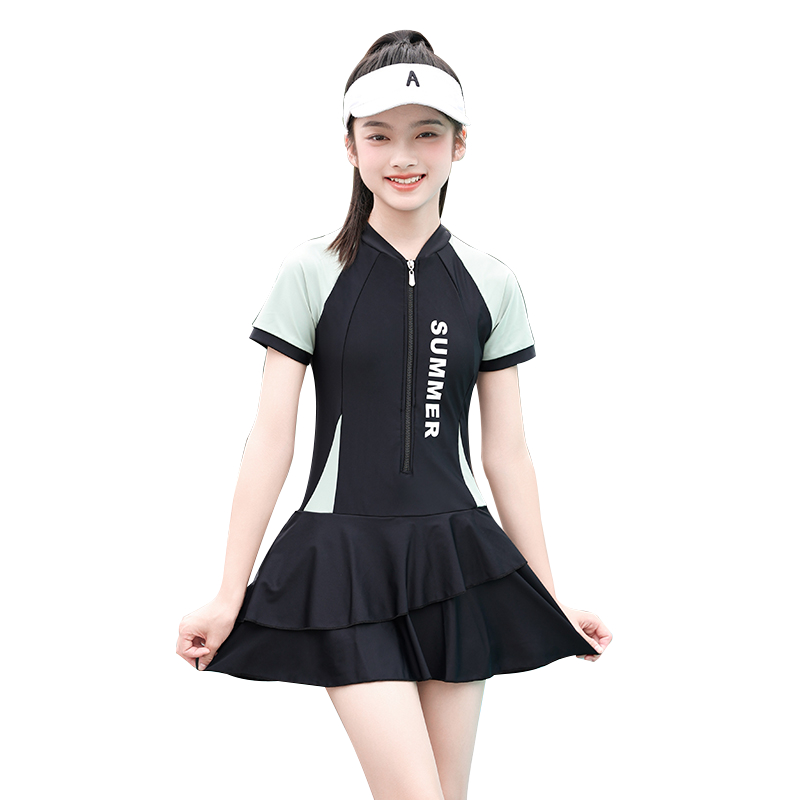 少女泳衣2025新款儿童中大童初中生游泳馆专用带胸垫连体裙式泳装