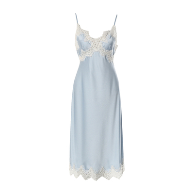 DPLAYSWEET法式浪漫蓝色撞色蕾丝缎面吊带睡裙女士长款睡衣2025冬