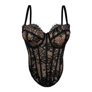 睫毛蕾丝烫钻外穿鱼骨钢圈胸衣背心吊带短款上衣抹胸内搭西装打底