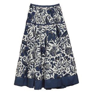 时尚民族风印花棉麻半身裙女旅游复古文艺范沙滩大摆裙演出中长裙