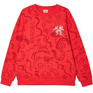 杰克琼斯2025年红色宽松卫衣蛇本命新年满印外套刺绣棉上衣装秋冬