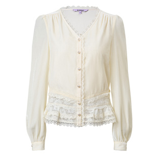 【SGPR】法式复古丝绒蕾丝衬衫25秋款v领长袖上衣女年末晚会穿搭