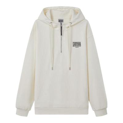 USHI悠时时尚半开襟撞色LOGO抽绳连帽纯色简约卫衣松弛设计感男装