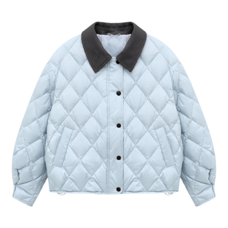 Basic House/百家好撞色翻领拼接短款羽绒服冬季保暖宽松菱格外套