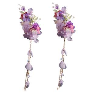 烫花绢纱紫色汉服头饰头花女国风发夹长流苏古风旗袍侧边对夹