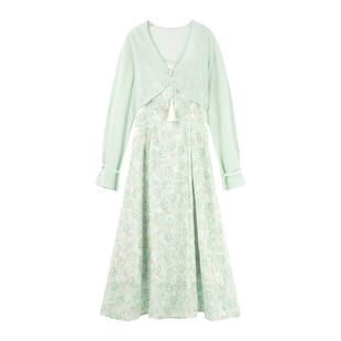 秋水伊人奥莱薄荷曼波国风连衣裙套装女夏针织衫吊带裙两件套裙子