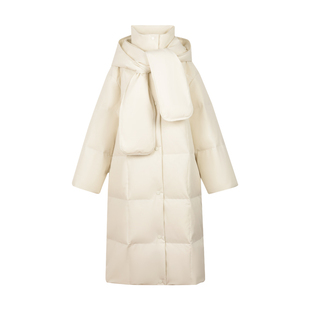 BLUEerror 高充绒量连帽围巾款立领羽绒服女加厚保暖长款冬季外套