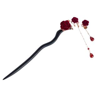 原创玫瑰花檀木盘发簪子古风汉服旗袍丸子头新中式红色新年发饰