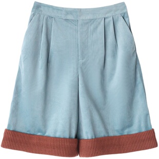 典范优等生！伦敦秀款灯芯绒撞色翻边宽松百慕大女神五分裤短裤特