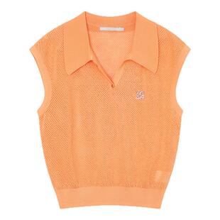 【3件9折】飘蕾橘黄色毛衣夏女装复古透气翻领设计感短袖小众上衣