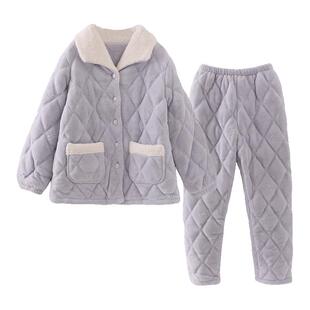 睡衣女款加厚冬三层夹棉外穿珊瑚绒翻领开扣紫色新中式家居服套装