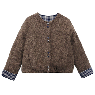 小香风加绒毛呢外套女短款冬季格子拼接高端气质复古风呢子大衣潮