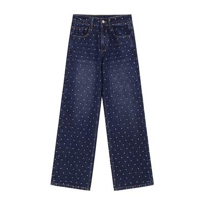 高级感亮闪闪烫钻高腰阔腿牛仔裤