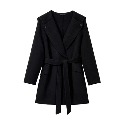 蓝语设计感翻领羊毛混纺呢子大衣