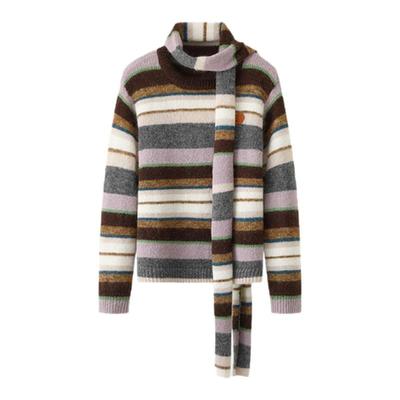 it :orange forest于文文同款毛衣女马海毛复古条纹针织衫带围巾