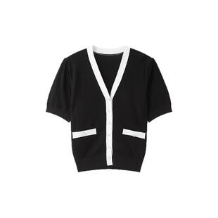 TKY SHOP黑白撞色小香风针织开衫女春秋款法式V领修身短袖薄上衣