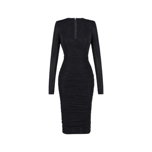 XULU原创秋季黑色水晶麻纱烫钻性感包臀裙收腰褶皱长袖V领连衣裙