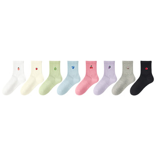 袜子女款纯棉夏季薄款中筒袜可爱刺绣学生运动抗菌防臭春秋无骨袜