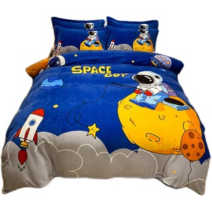 加厚卡通牛奶绒床上四件套珊瑚绒双面绒被套儿童男孩床单三件套
