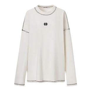 LEDIM WANG毛巾绣撞色纯白T恤女秋冬新款内搭打底宽松圆领长袖