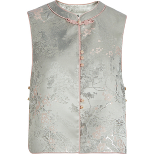 秸熙新款春秋改良新中式轻国风马甲女高级感织锦提花叠穿显瘦上衣