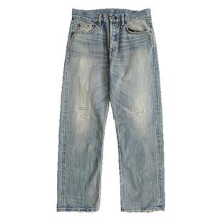 WIROTE威络 竹节纹复古旧化洗水自然猫须 宽松直筒赤耳牛仔裤