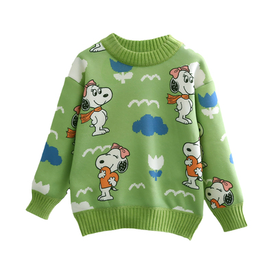 史努比女童秋冬针织衫加绒加厚儿童卡通套头毛衣宝宝套头绿色上衣