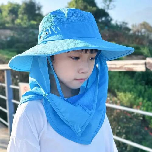 UPF50+中大童帽子口罩披肩三合一可拆卸防晒渔夫帽男女童户外登山