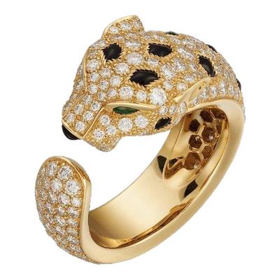 HTZS跨境银s925镀18K白金钻石豹子头戒指老虎头莫桑石情侣戒指环