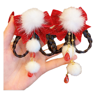 儿童新年头饰女童古风假发辫子发夹宝宝过年汉服配饰女孩拜年发饰