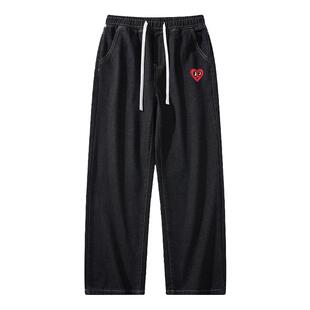 查尔斯桃心牛仔裤男直筒美式加绒加厚高街宽松2026春季新款长裤子