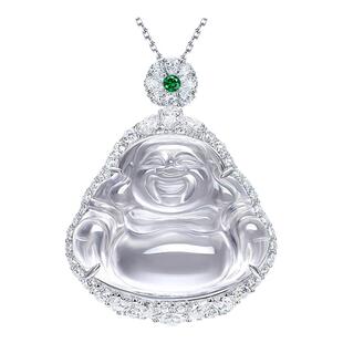 AILEQ纯银石英质玉石水沫子大弥勒佛公封底可开盖透白冰种吊坠k30