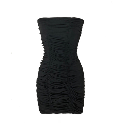 褶皱欧美风抹胸一字肩弹力连衣裙