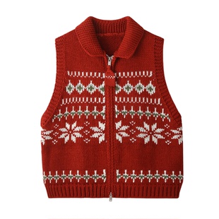 复古费尔岛翻领针织毛衣马甲女春秋洋气叠穿坎肩马夹外搭开衫背心