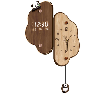 客厅转角时钟中古风2026新款熊猫万年历电子钟表发光双面拐角挂钟