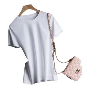 80支双面丝光棉短袖t恤女纯棉宽松2025百搭短款圆V领黑科技白色T