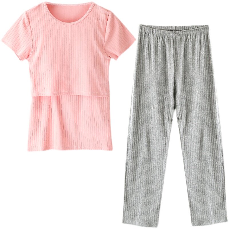 纯棉月子哺乳家居服睡衣裤两件套装宽松休闲带胸垫短袖T恤喂奶夏