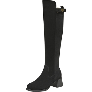 TATA他她女靴子黑色羊皮瘦瘦靴长筒靴百搭弹力靴黑色袜靴6HD09DC5