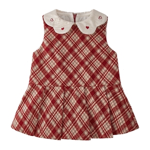 [新年款]女童红色连衣裙新款洋气格纹小公主冬装生日party小礼服