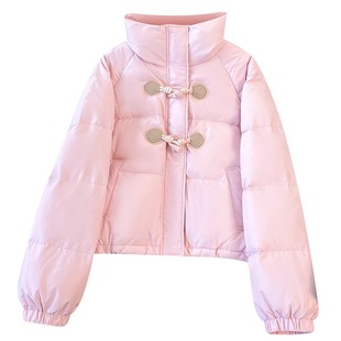 淡黄色立领短款牛角扣羽绒服女士2025冬天新爆款宽松高端洋气外套