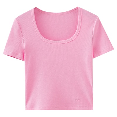 水云间U领短袖T恤女短款修身显瘦针织衫正肩上衣夏日多巴胺2025