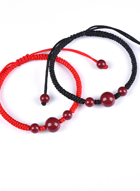 朱砂转运珠手链刻字定制男女情侣款本命年幸运珠红绳手绳手工编织