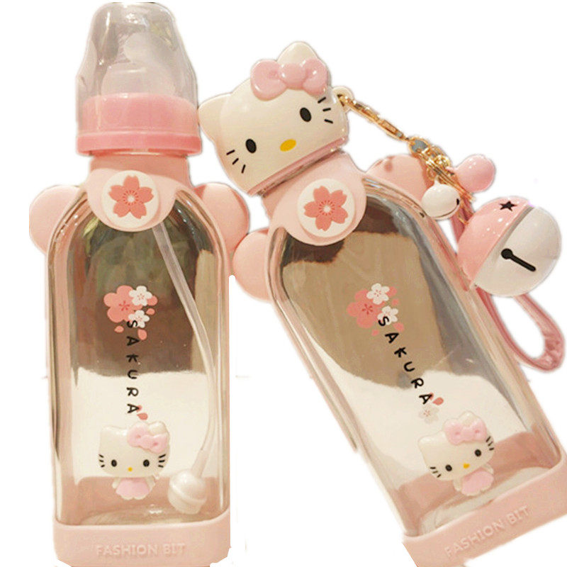 奶瓶大人可爱猫头kitty水杯儿童超萌玻璃奶嘴卡通带吸管女生hello