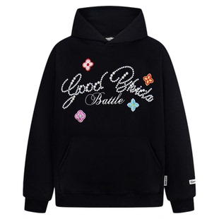 SREK 美式珍珠连帽卫衣男女秋季情侣宽松刺绣字母印花帽衫上衣潮