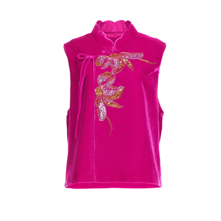 花木深新中式刺绣马甲女新款光泽感丝绒背心坎肩无袖国风立领马夹