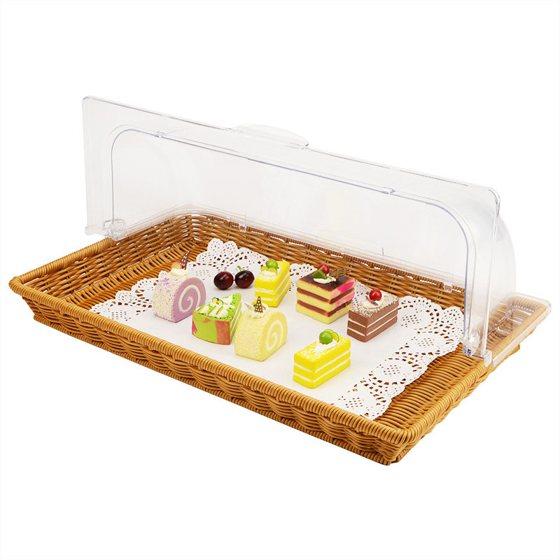 欧式自助餐双层藤编面包篮带盖水果甜品蛋糕点心筐摆台展示架蛋挞