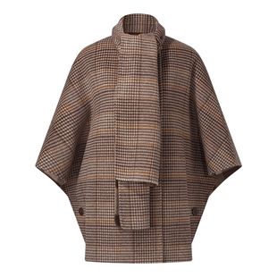 首降|配围巾|歌莉娅两面穿羊毛羊绒斗篷大衣女格纹双面呢外套